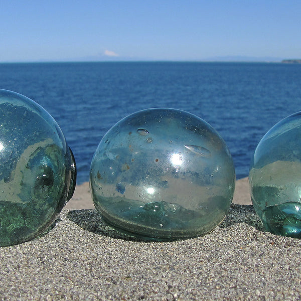 3 Glass Fishing Floats On Rope - Fish Net Buoy Ball - Nautical